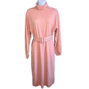 Leyden Women's Turtleneck Midi‎ Dress XS Pink Dusty Coral Belted Long Sleeve